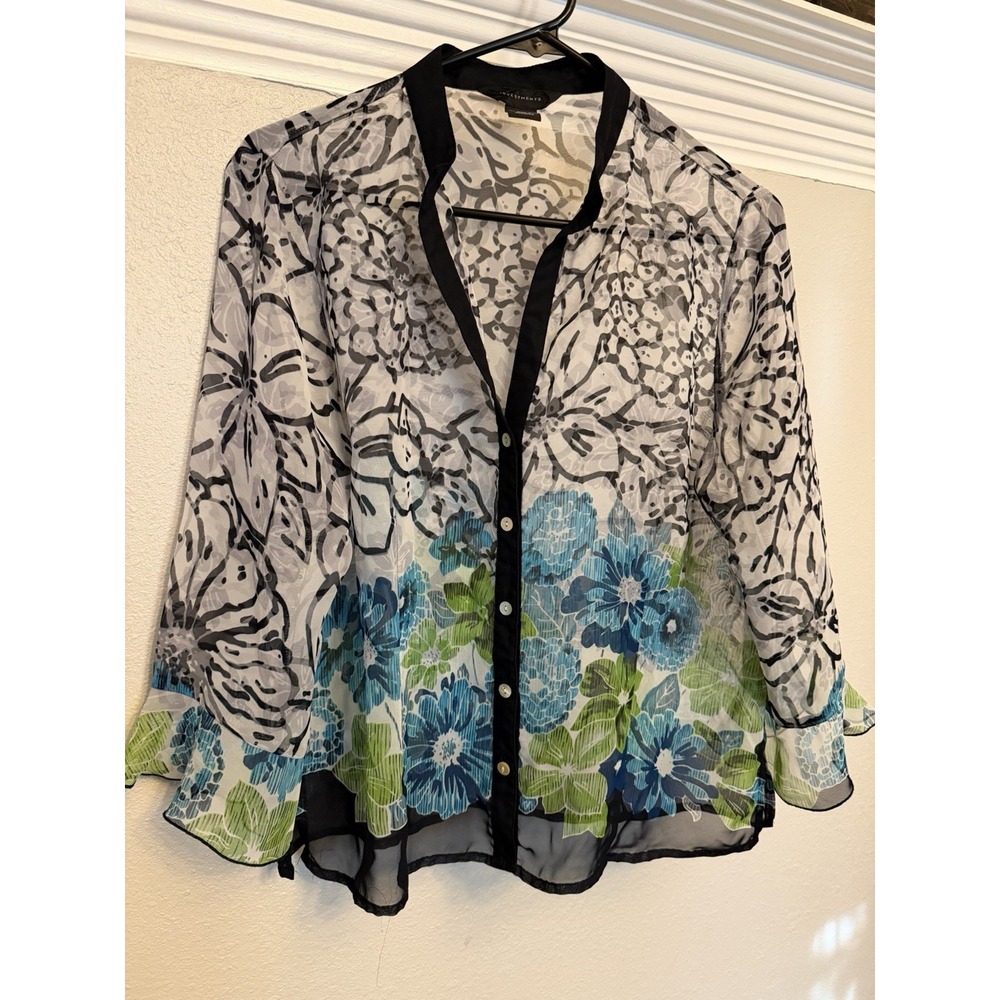 Investments Womens Sz Med 3/4 Sleeve Sheer Blouse Tunic Floral Button Front Y2K